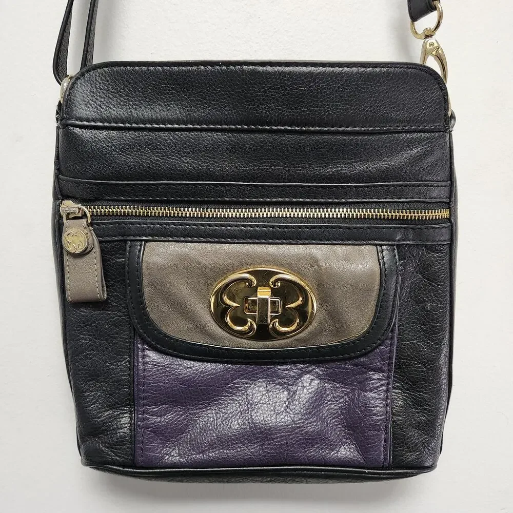 Emma Fox Black, Purple & Grey  Leather Crossbody Handbag with Gold Hardware
